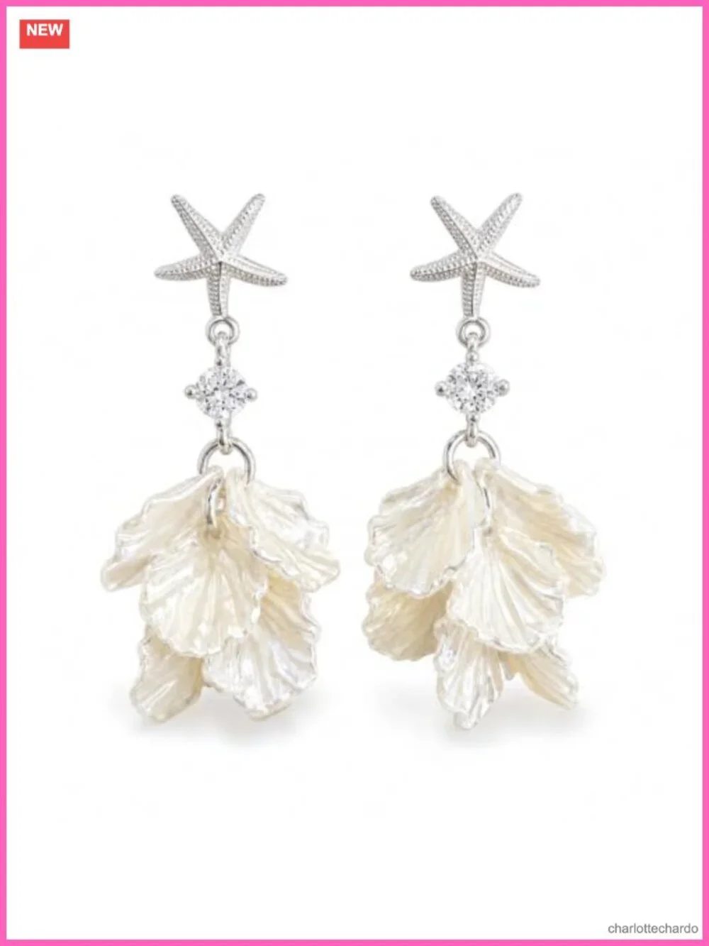 Starfish Shell Drop Earrings Pearl Dangle Silver Tone Ocean Statement
